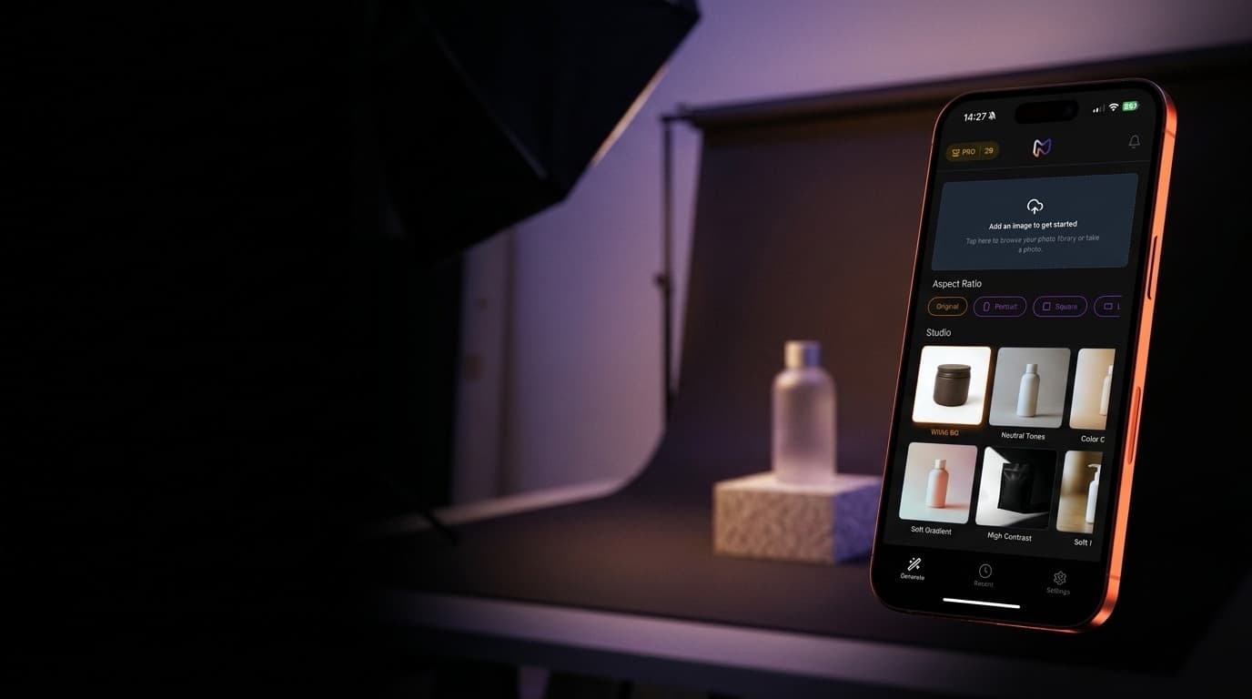 Metamofo AI product photography app on iPhone in a moody studio
