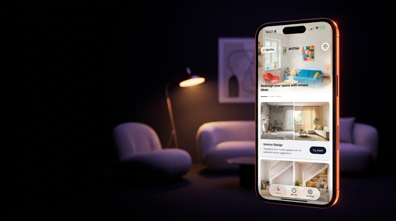 Archie AI interior design app on iPhone in a modern living room