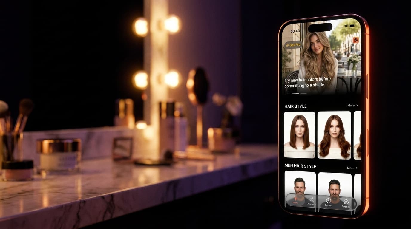 GlowApp AI beauty try-on app on iPhone in a softly-lit dressing room
