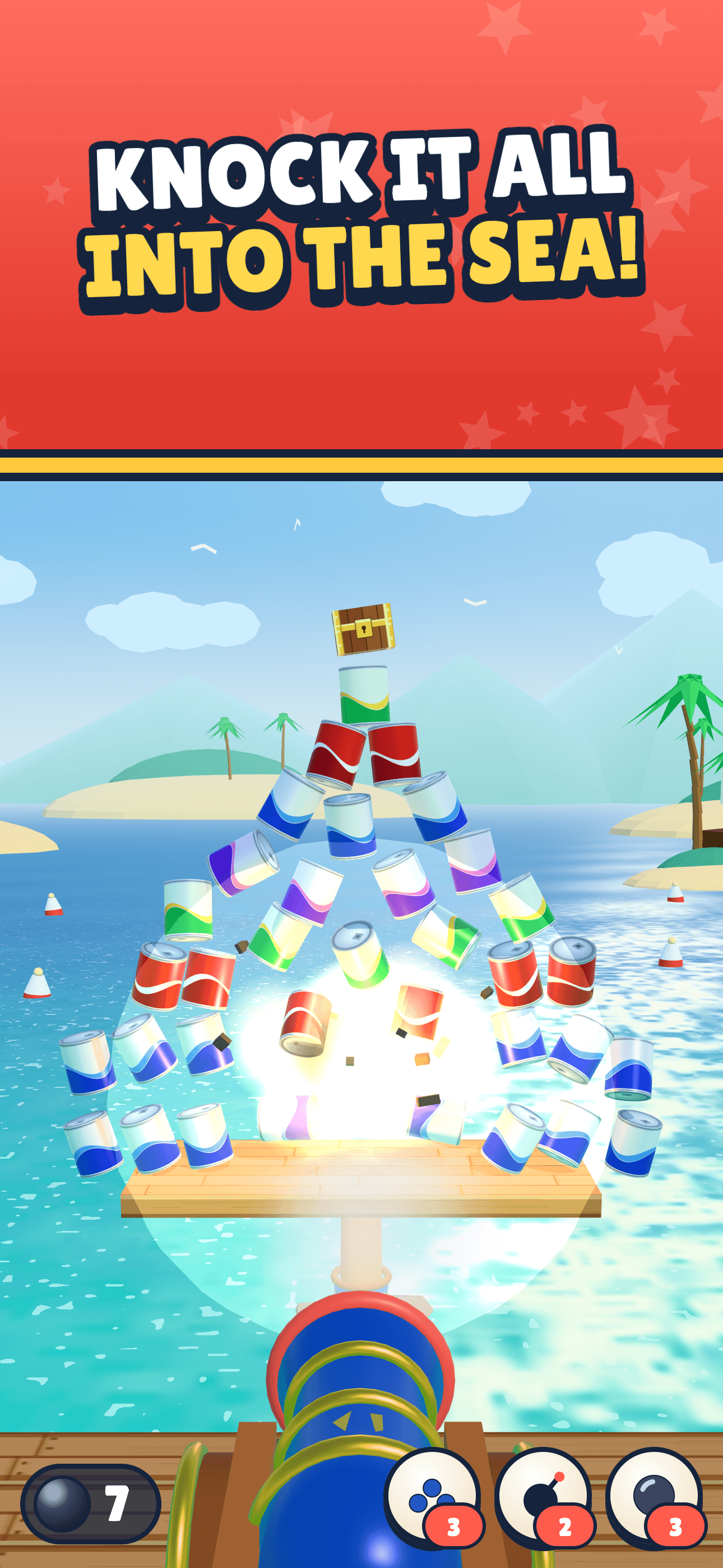 A cannon sends a colorful tower of cans tumbling into the sea in Kaboom Cove.
