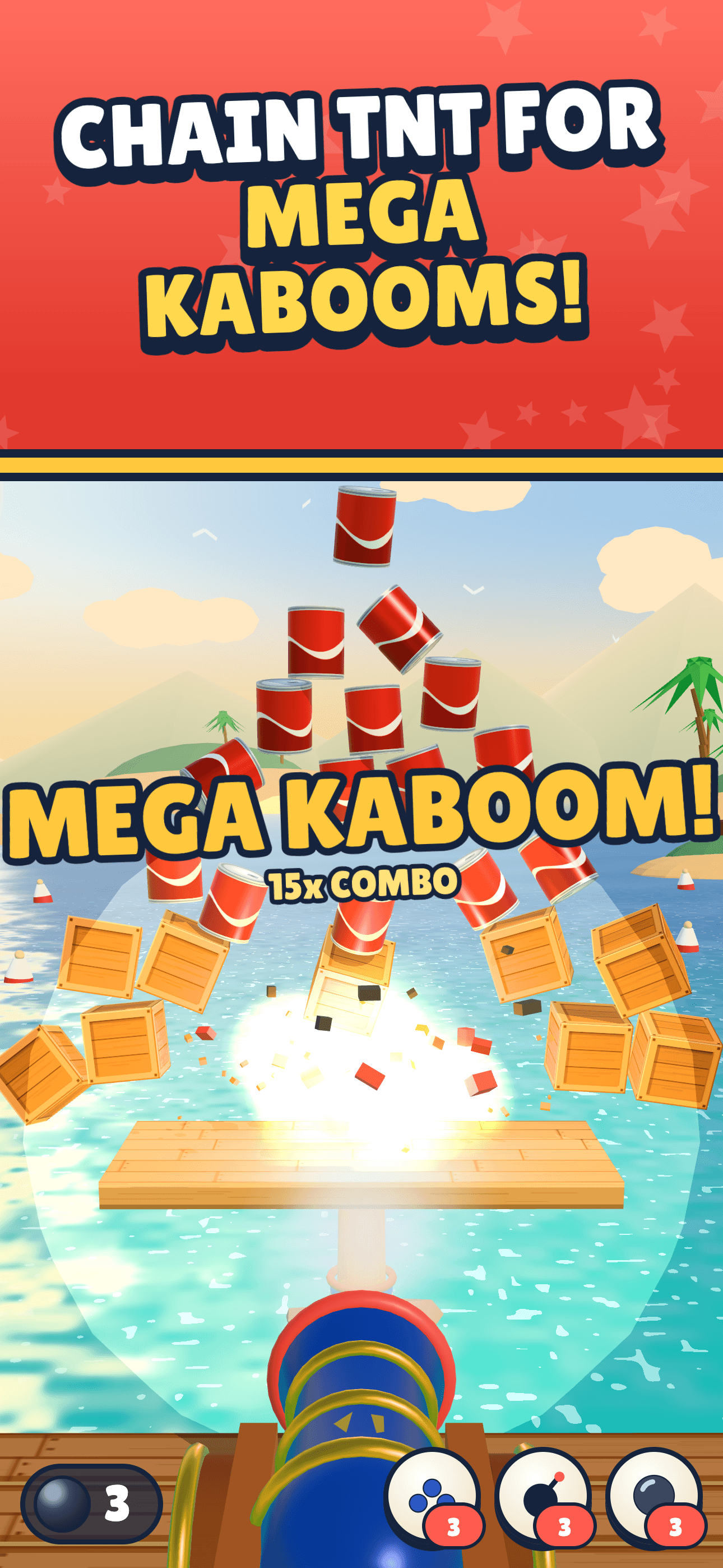 A TNT explosion sends cans and crates flying in a 15-target Mega Kaboom combo.